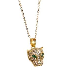 - 14K Gold Plated Cubic Zirconia Crystal Paved Green-Eye Leopard Pendant N…